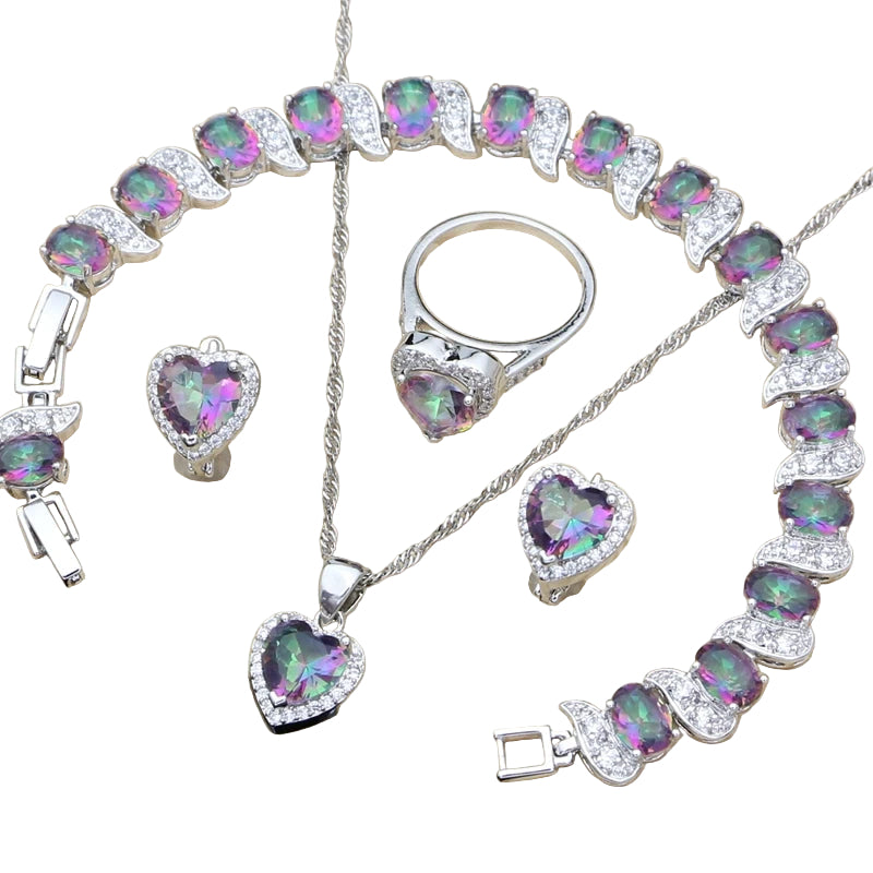 Silver 925 Bridal Jewelry Sets Heart Red Garnet White Topaz Decoration for Women Wedding Earrings with Stone Necklace Set