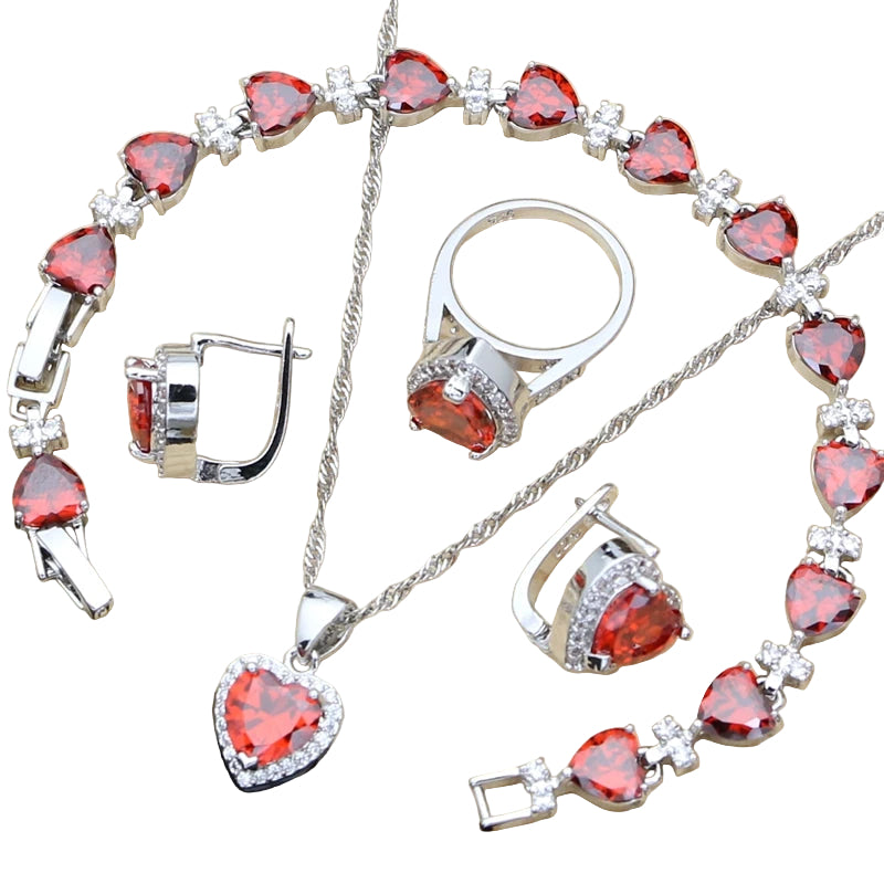 Silver 925 Bridal Jewelry Sets Heart Red Garnet White Topaz Decoration for Women Wedding Earrings with Stone Necklace Set