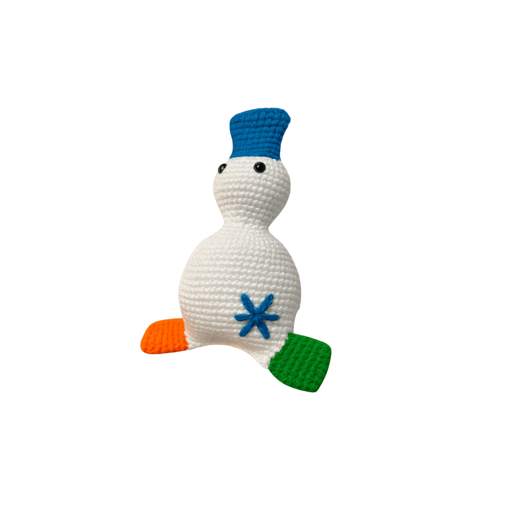 Crocheted toy duck with a blue beak, orange and green feet