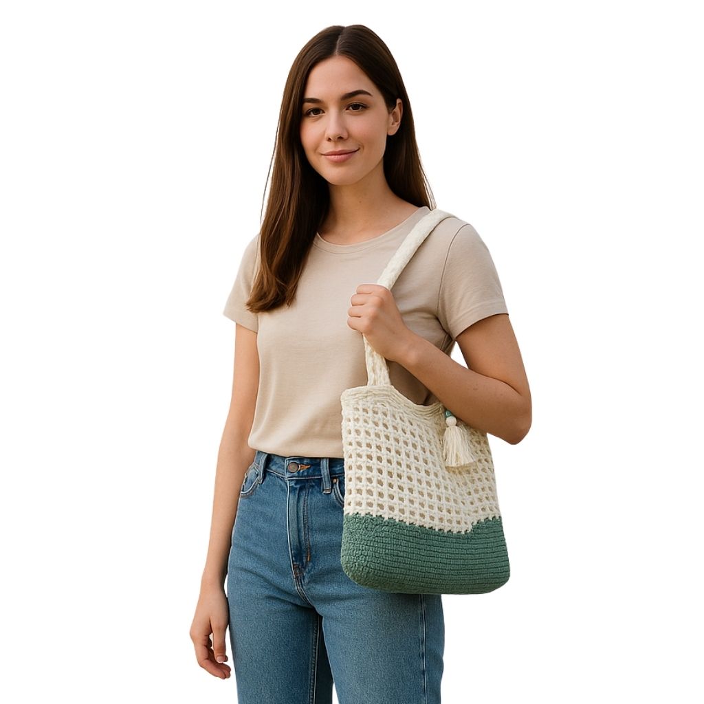 Woman holding a Crocheted bag with a white top and blue bottom