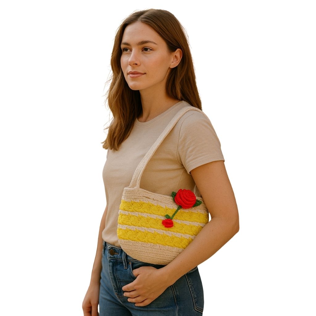 Woman holding a Sunrise Bloom crocheted bag with yellow and beige pattern