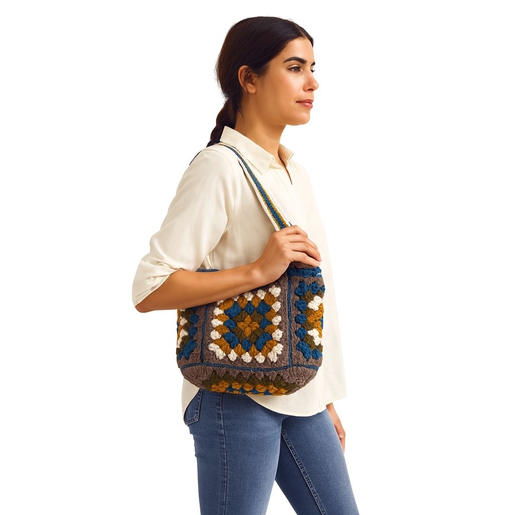 Woman holding a crocheted bag with floral pattern with colorful straps