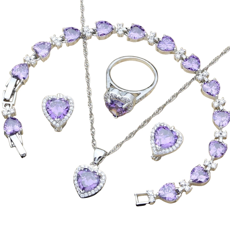 Silver 925 Bridal Jewelry Sets Heart Red Garnet White Topaz Decoration for Women Wedding Earrings with Stone Necklace Set