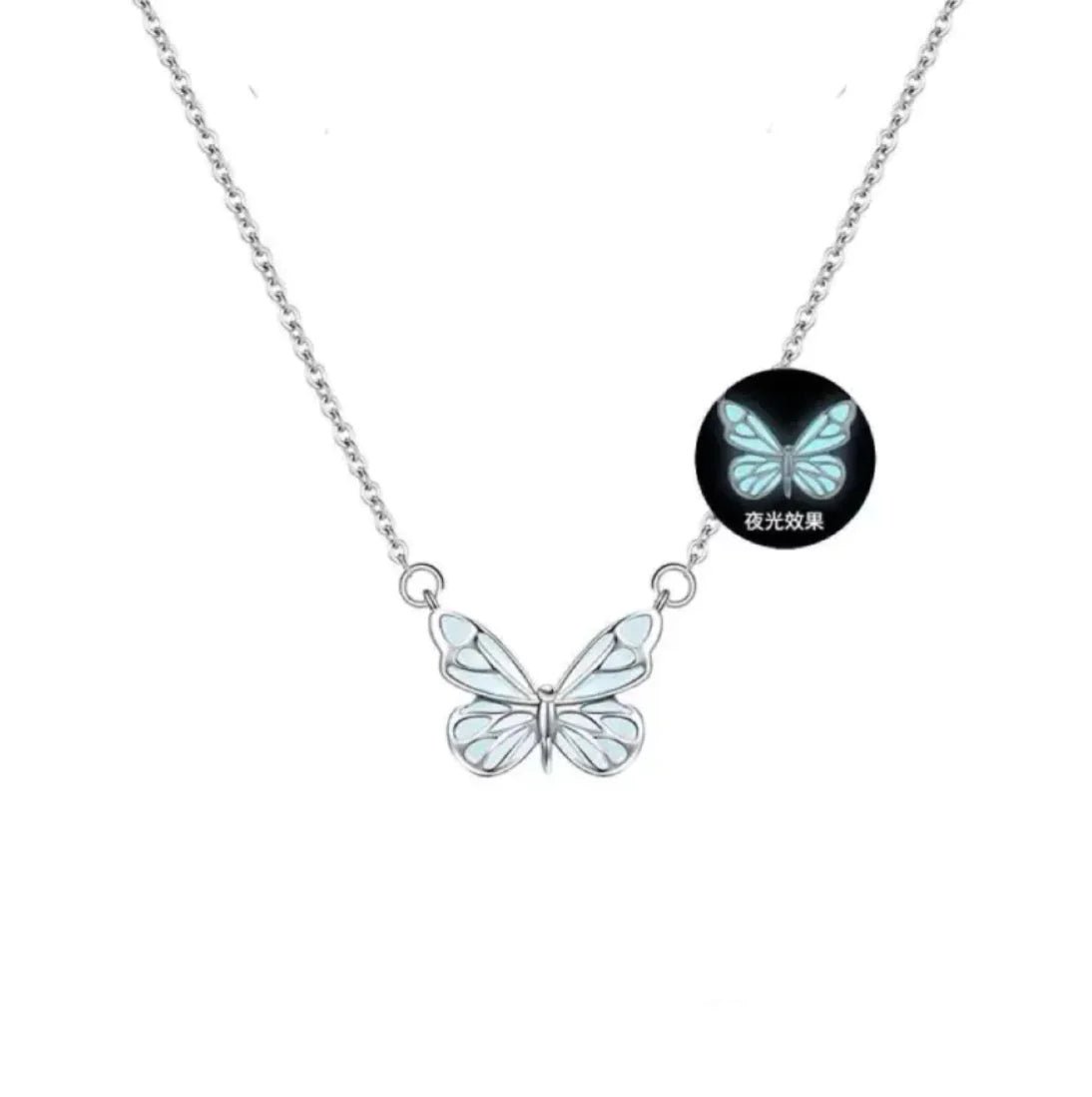 a glow-in-the-dark butterfly pendant necklace made of titanium steel with a white and blue color scheme.