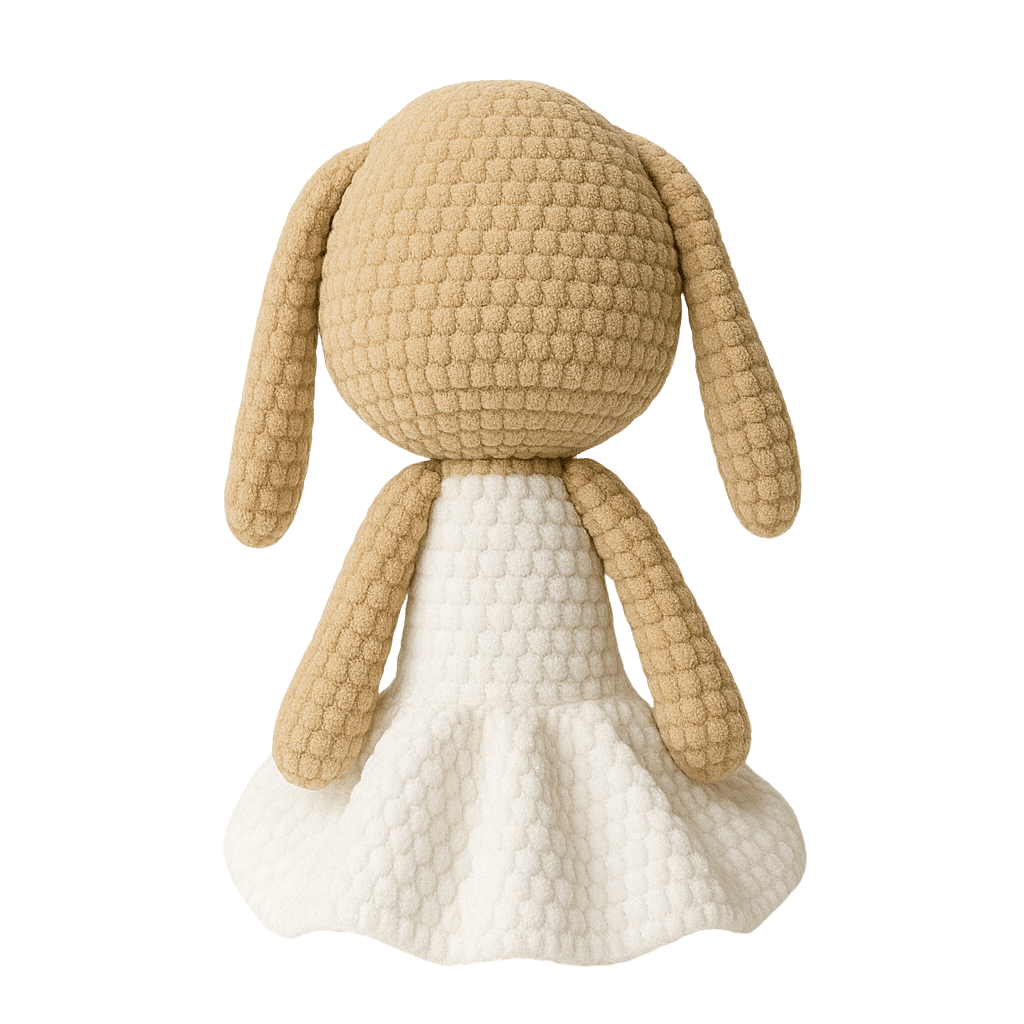 Toy dog with beige quilted texture and white dress on white background