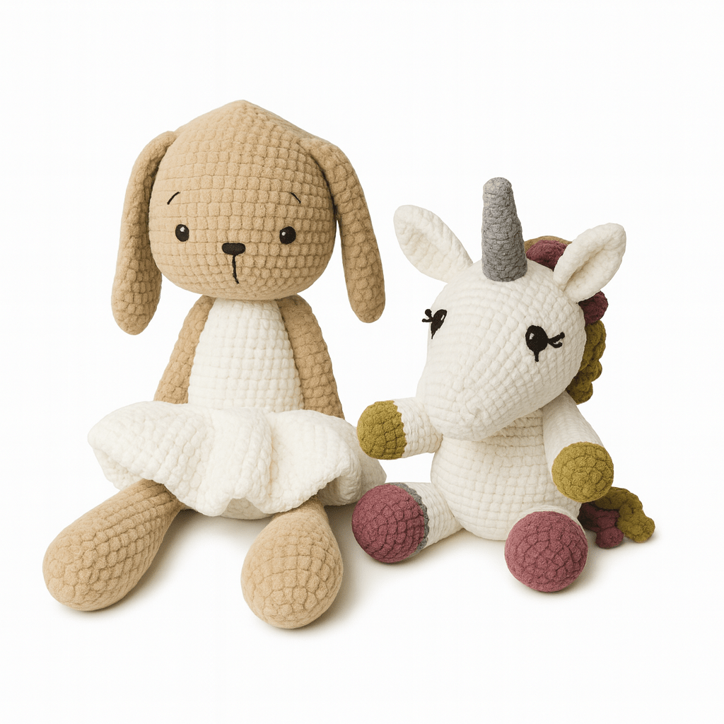 Two croshet toys: bunny in a white dress and a unicorn sitting together.
