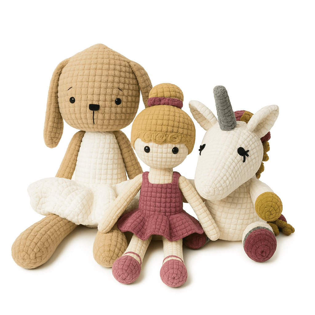 Three plush toys: bunny in a white dress, a purple balerina, and a unicorn sitting together.