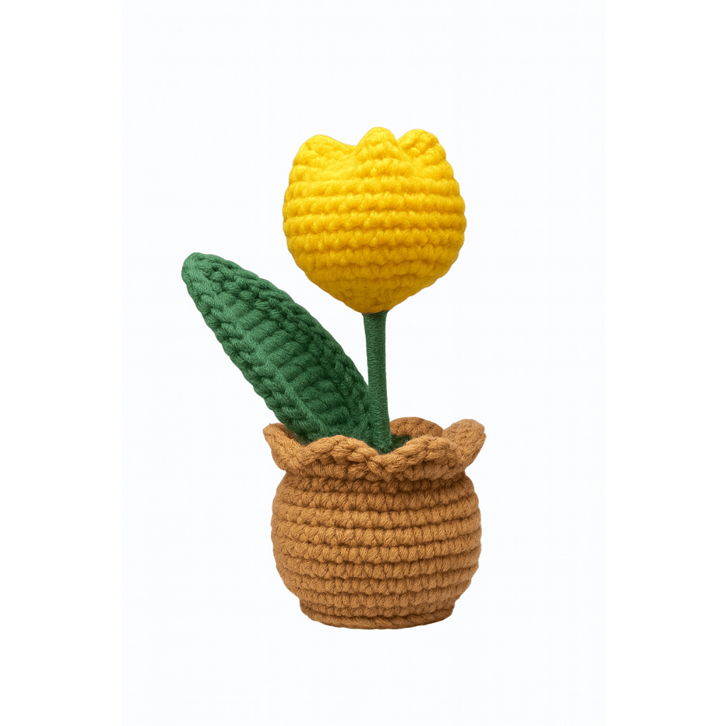 Crocheted yellow tulip in a brown pot