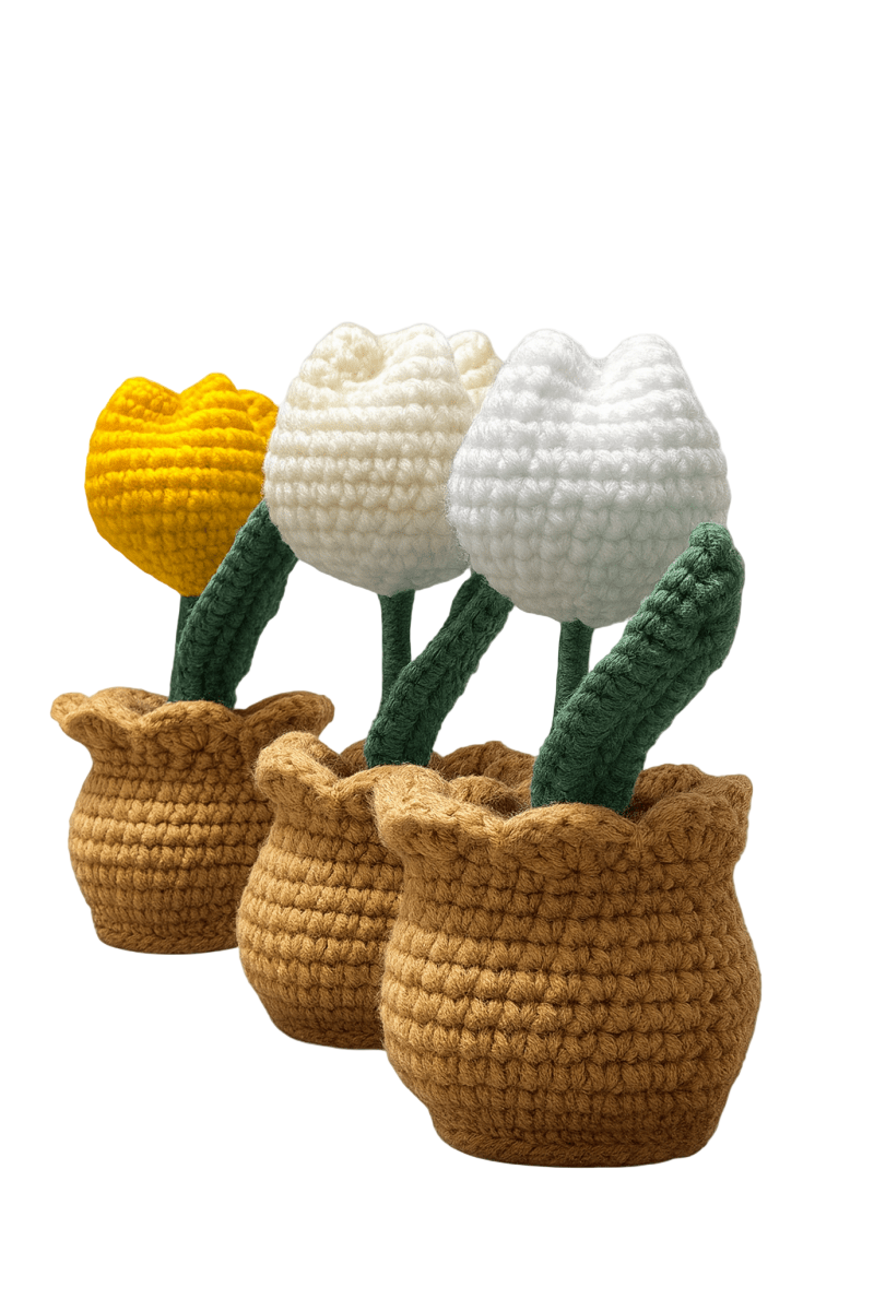 Three crocheted flower pots with flowers