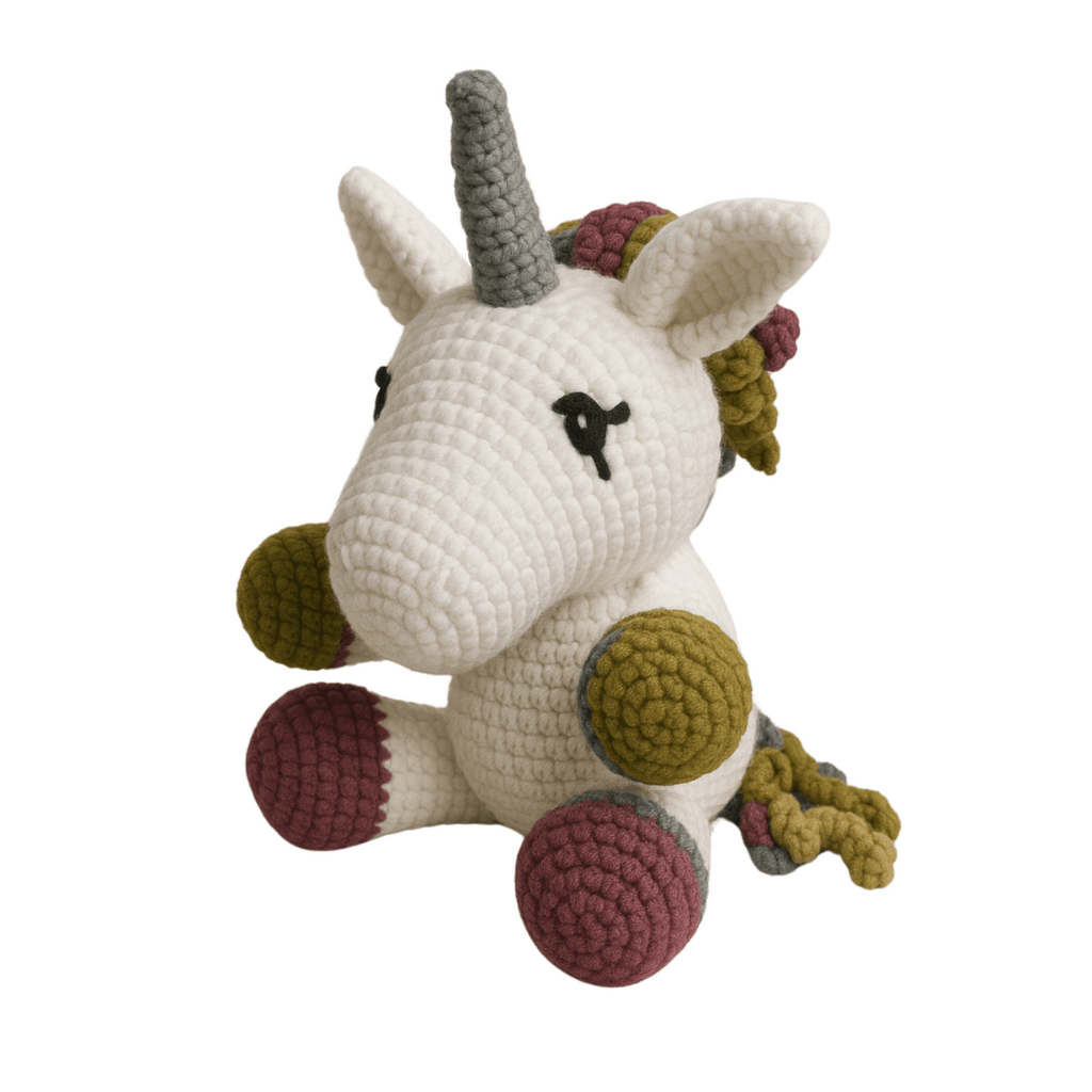 Crocheted unicorn toy with multicolored