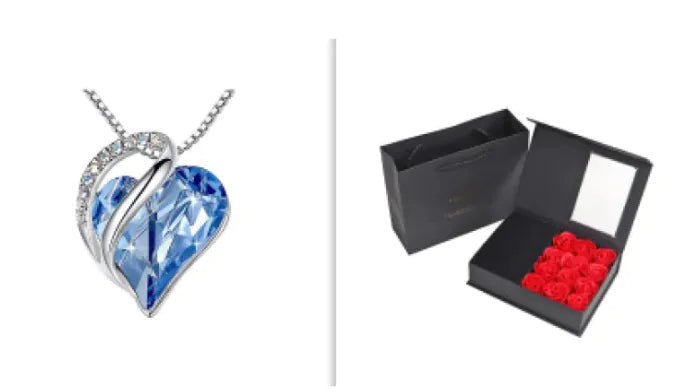 A set of a heart-shaped pendant necklace with a Blue crystal pendant surrounded by smaller clear crystal and a box.