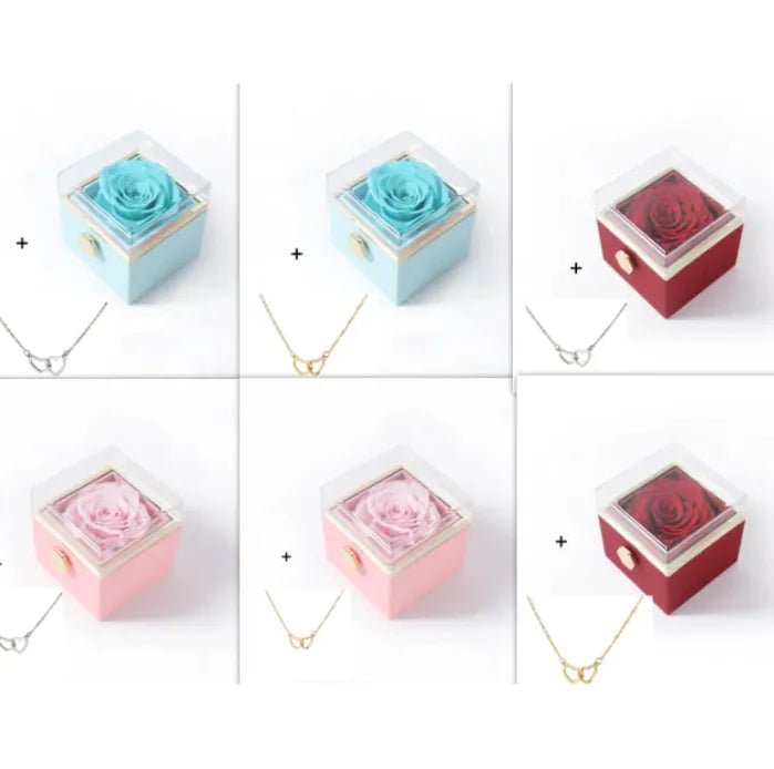 Collage of six square boxes with preserved roses inside.