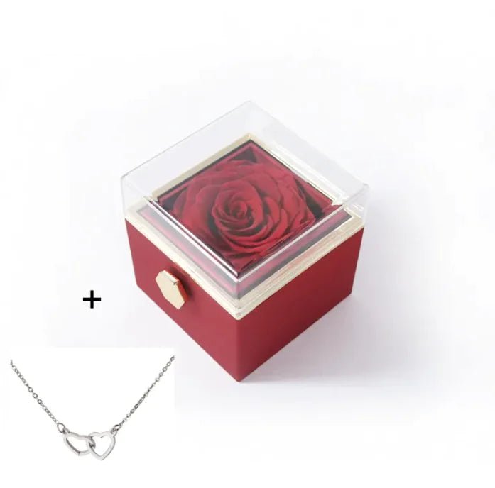 Red box with a preserved rose and a Silver necklace