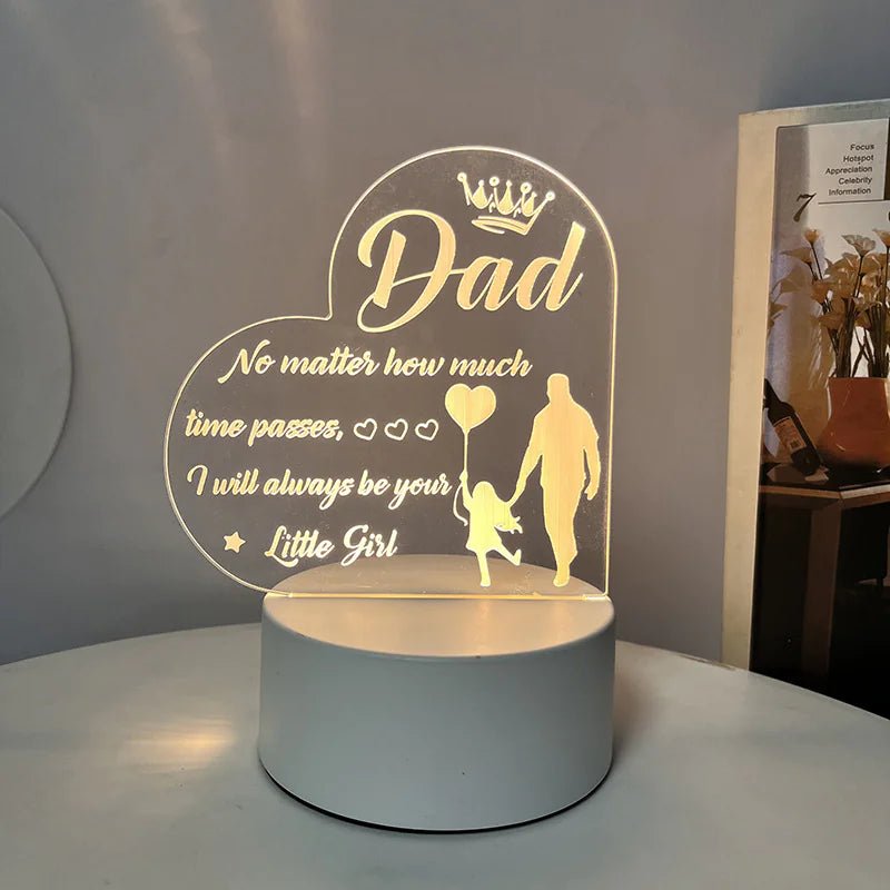 An engraved acrylic night light with a message to a dad