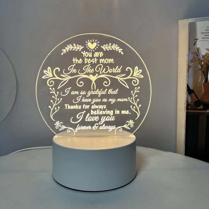 An engraved acrylic night light with a message to the best Mom