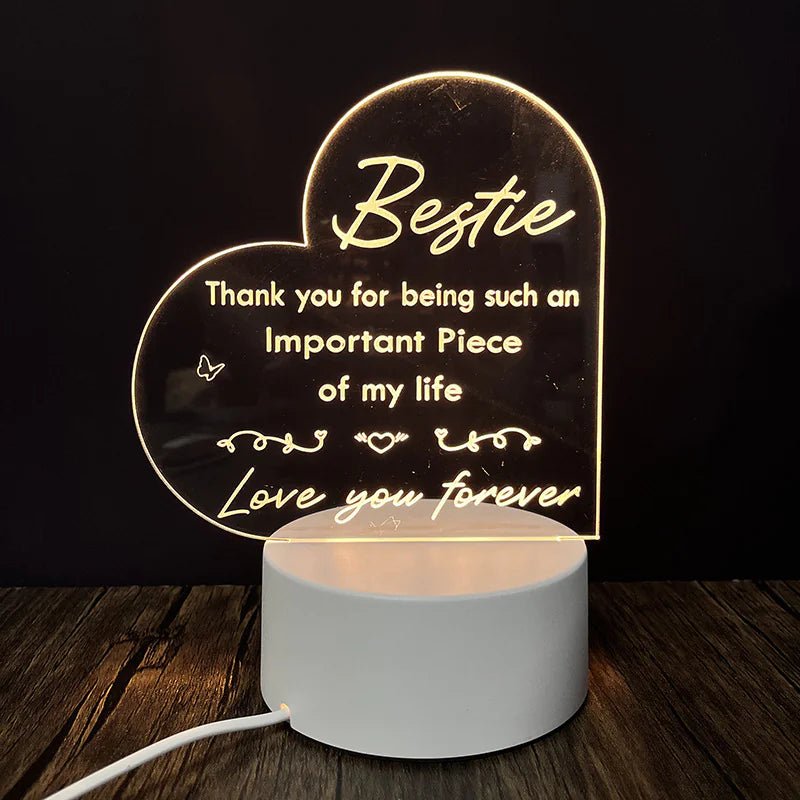 An engraved acrylic night light with a message to My Bestie