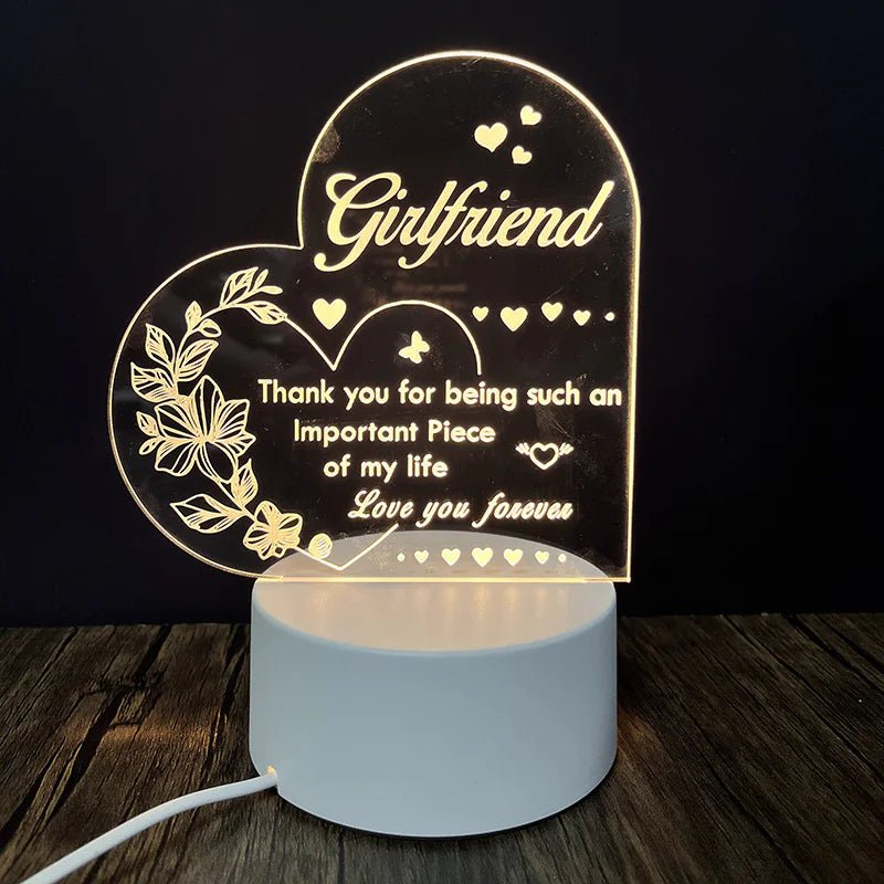 An engraved acrylic night light with a message to My Girlfriend