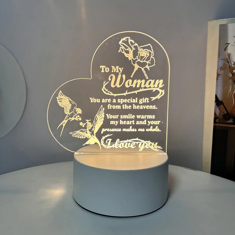 An engraved acrylic night light with a message to My Woman