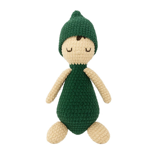 sleepy doll knitted toy with green body and beige head and arms