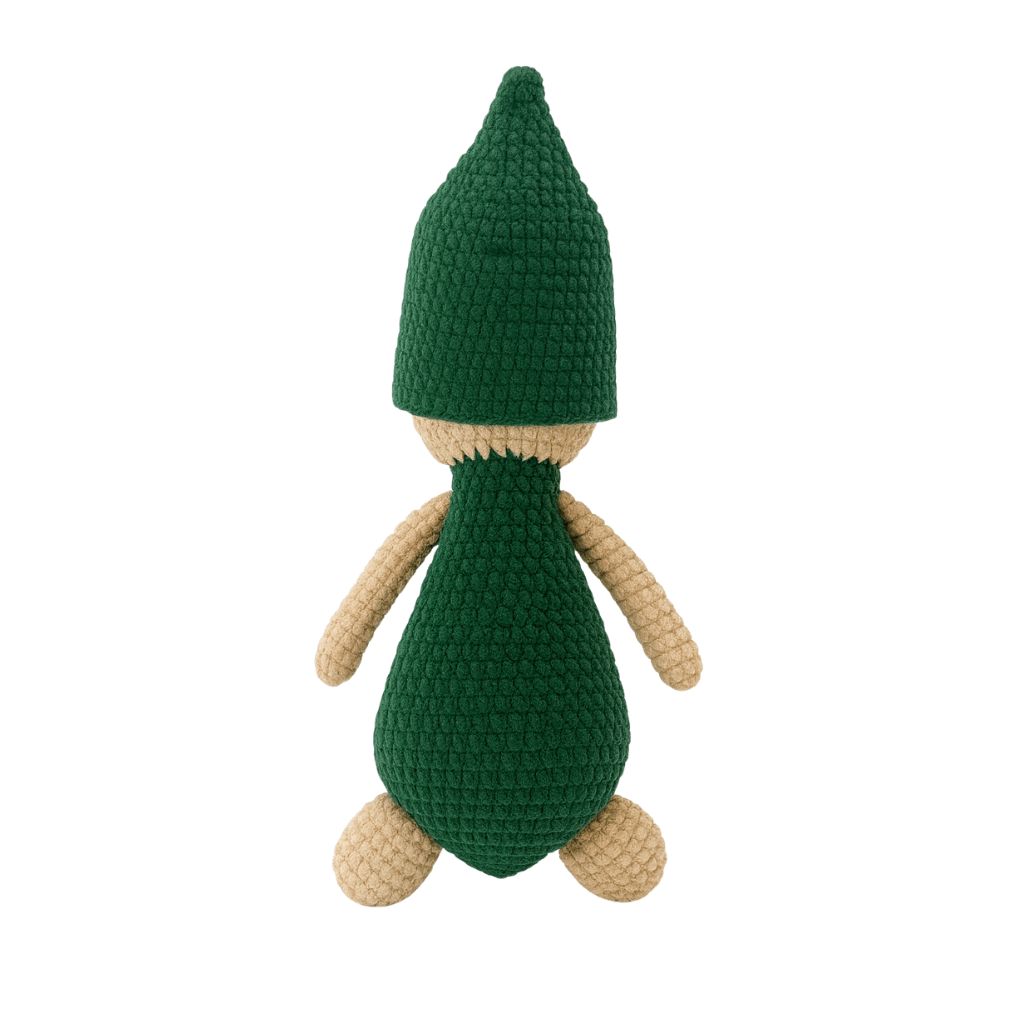 sleepy doll knitted toy with green body and beige head and arms