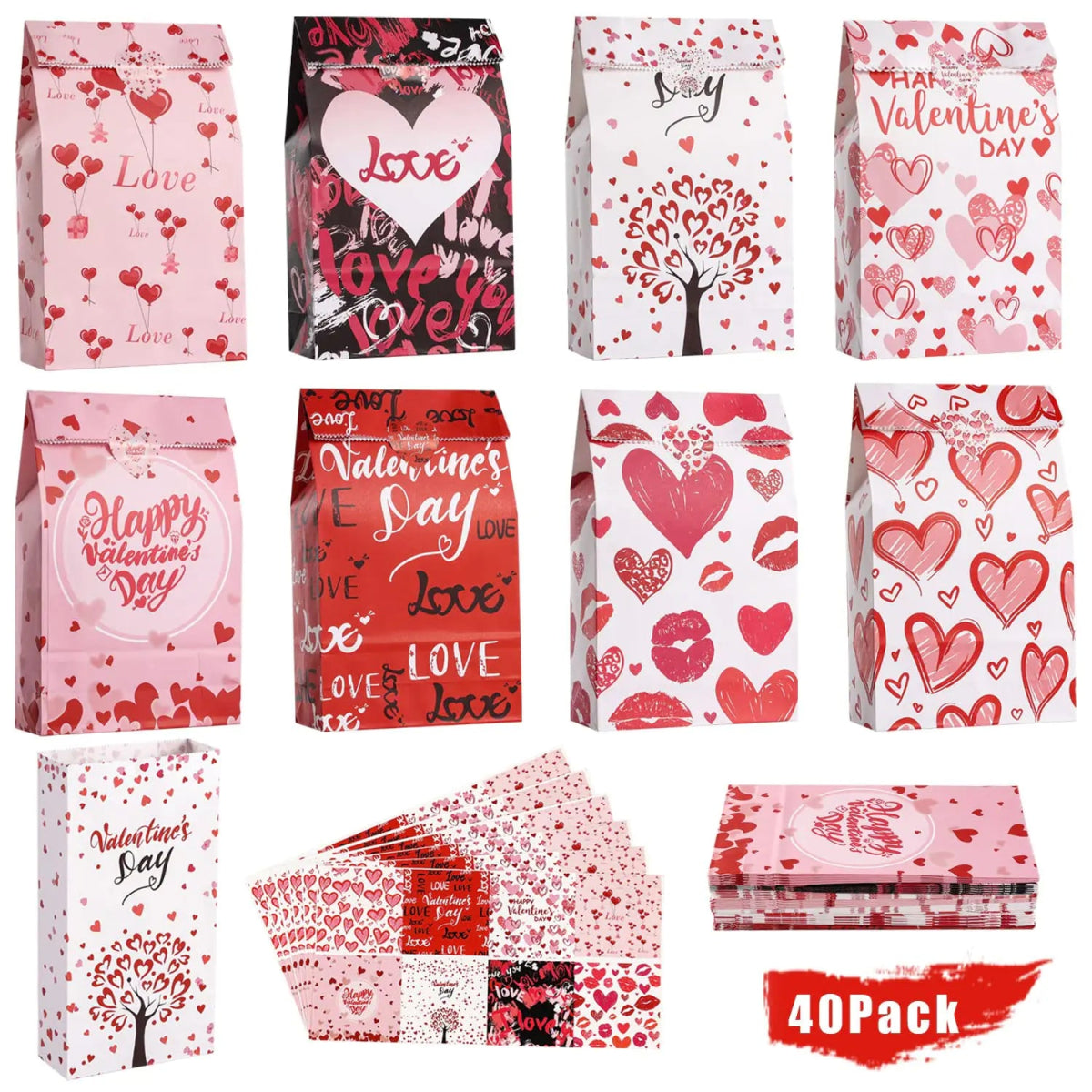 A collection of Valentine's Day themed gift bags. The set includes 40 gift bags and 45 stickers, showcasing different designs decorated in red, white, and pink colors.