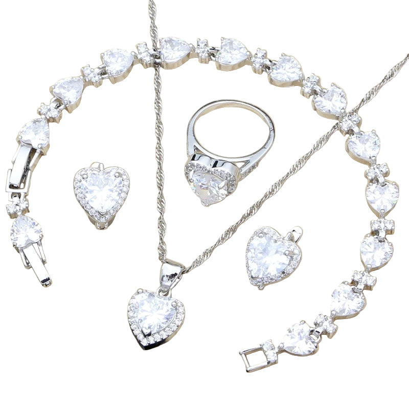 Silver 925 Bridal Jewelry Sets Heart Red Garnet White Topaz Decoration for Women Wedding Earrings with Stone Necklace Set