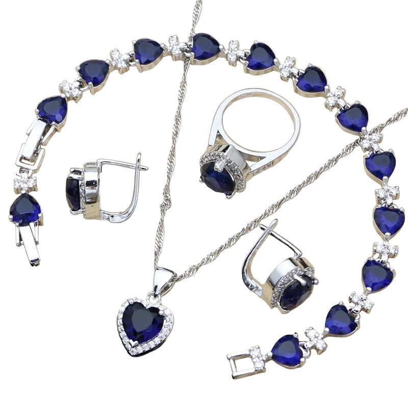 Silver 925 Bridal Jewelry Sets Heart Red Garnet White Topaz Decoration for Women Wedding Earrings with Stone Necklace Set