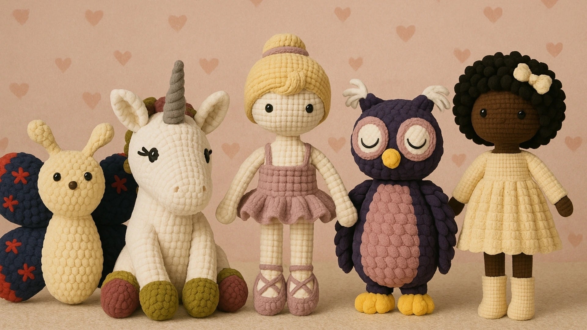 Collection of colorful crochet dolls and animals on a beige background with heart patterns.