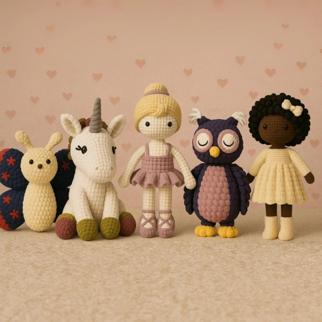 Collection of handmade crochet colorful crochet dolls and animals on a beige background with heart patterns.
