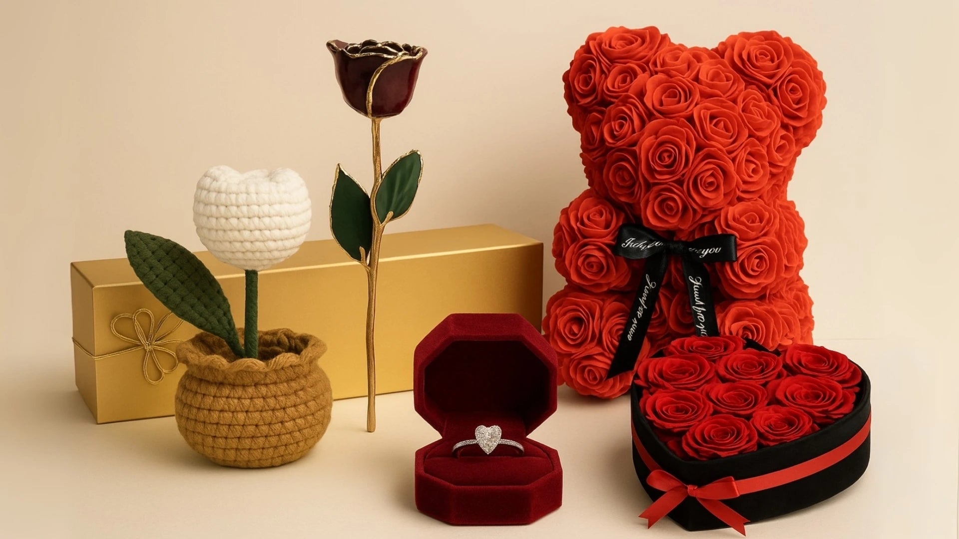 Heartfelt and Romantic Gift Items including handmade crochet flower, a rose-shaped box, teddy bear made of red roses, and a heart-shaped box with a ring on a beige background.