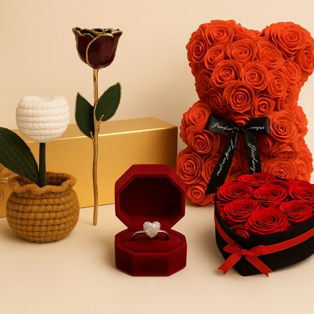 Heartfelt and Romantic Gift Items including handmade crochet flower, a rose-shaped box, teddy bear made of red roses, and a heart-shaped box with a ring on a beige background.