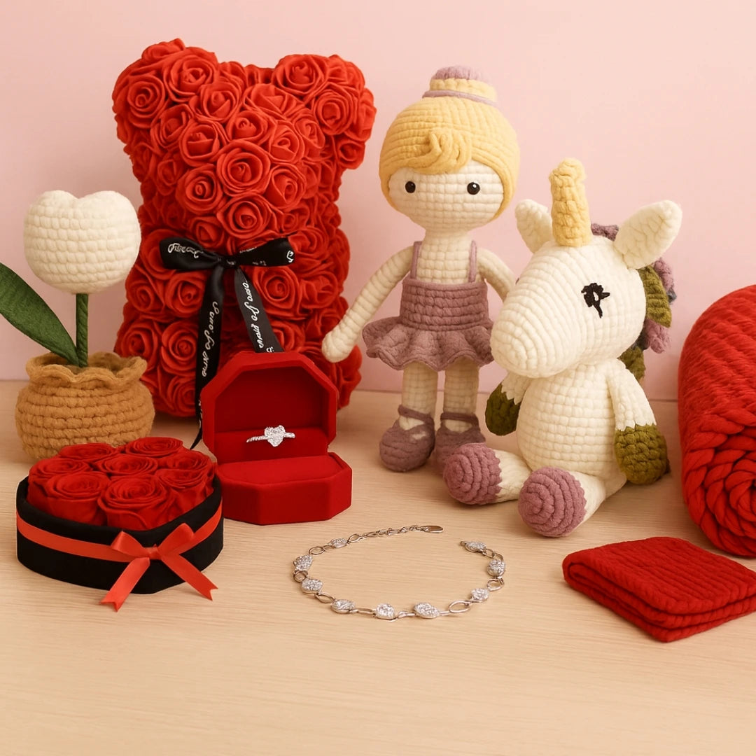Perfect for all occasions - unique treasures including a red rose bear, hand made crochet unicorn, flower, doll and jewelry on a light pink background.