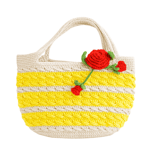 Sunrise Yellow and white striped bag with red floral decorations 