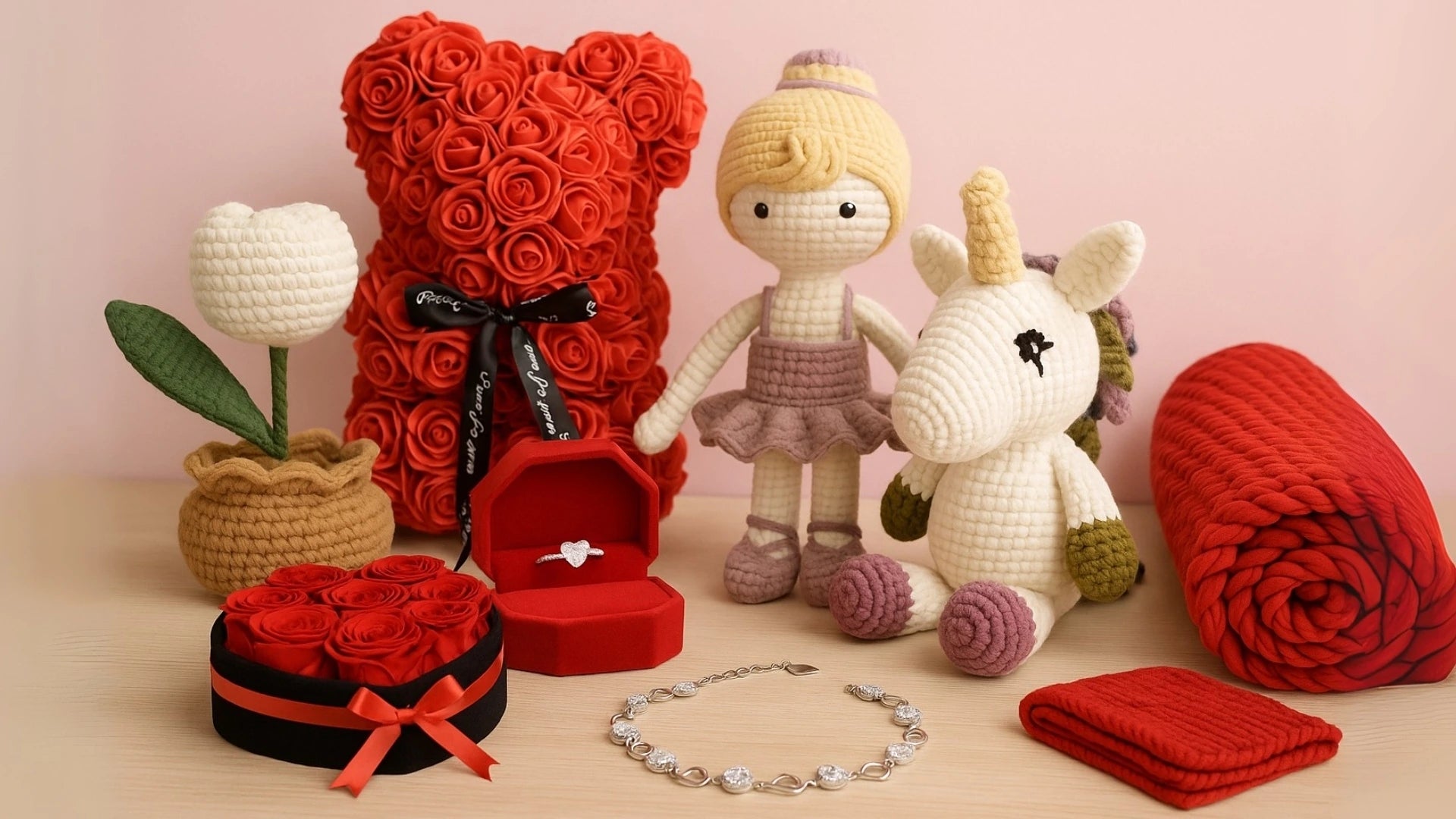 Perfect for all occasions - unique treasures including a red rose bear, hand made crochet unicorn, flower, doll and jewelry on a light pink background.