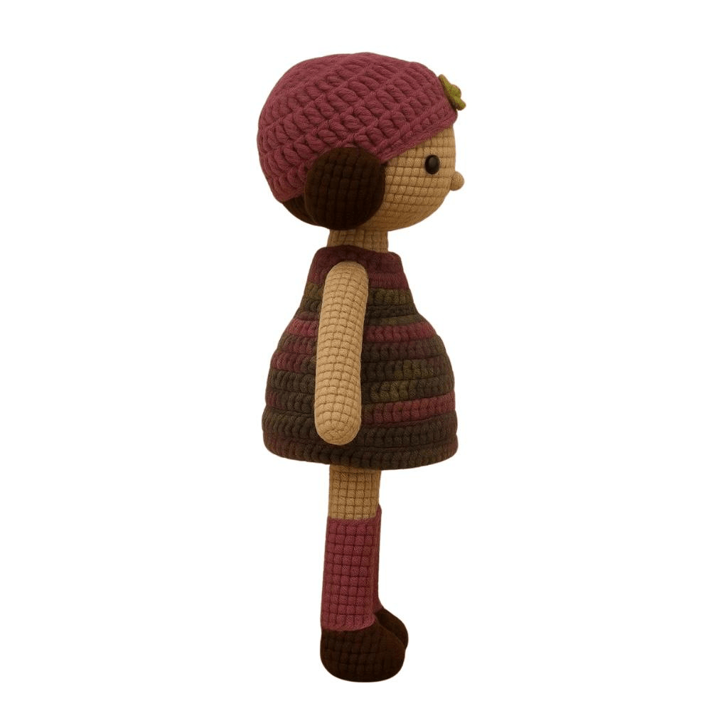 Handmade crochet doll with brown hair, wearing a purple striped dress and a matching beanie with a flower detail.