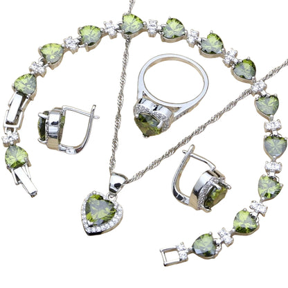 Silver 925 Bridal Jewelry Sets Heart Red Garnet White Topaz Decoration for Women Wedding Earrings with Stone Necklace Set