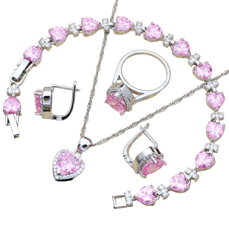 Silver 925 Bridal Jewelry Sets Heart Red Garnet White Topaz Decoration for Women Wedding Earrings with Stone Necklace Set