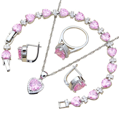 Silver 925 Bridal Jewelry Sets Heart Red Garnet White Topaz Decoration for Women Wedding Earrings with Stone Necklace Set