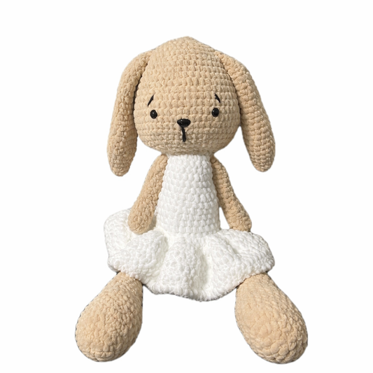 Handmade crochet bunny in white dress front view | Unique Treasures