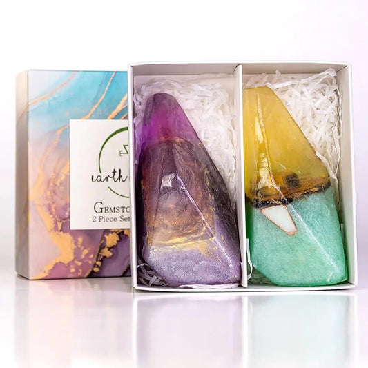 Crystal aromatherapy soap set with amethyst and tiger eye gemstone bars in gift box