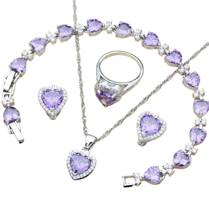 Silver 925 Bridal Jewelry Sets Heart Red Garnet White Topaz Decoration for Women Wedding Earrings with Stone Necklace Set