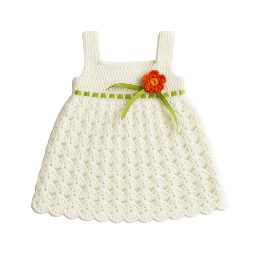 A creamy white crochet baby dress with a floral texture, decorated with a green ribbon and an orange flower