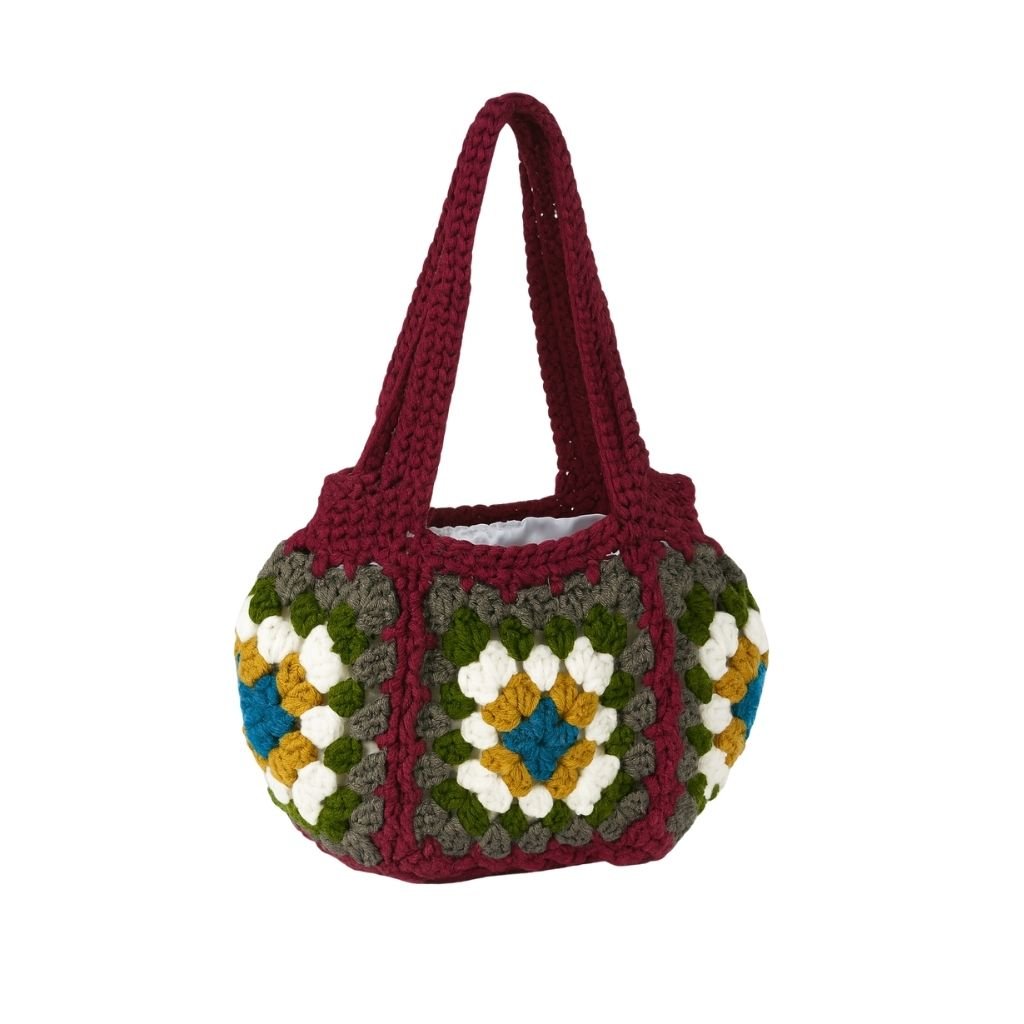 Crocheted bag with a geometric pattern with Wine Red straps