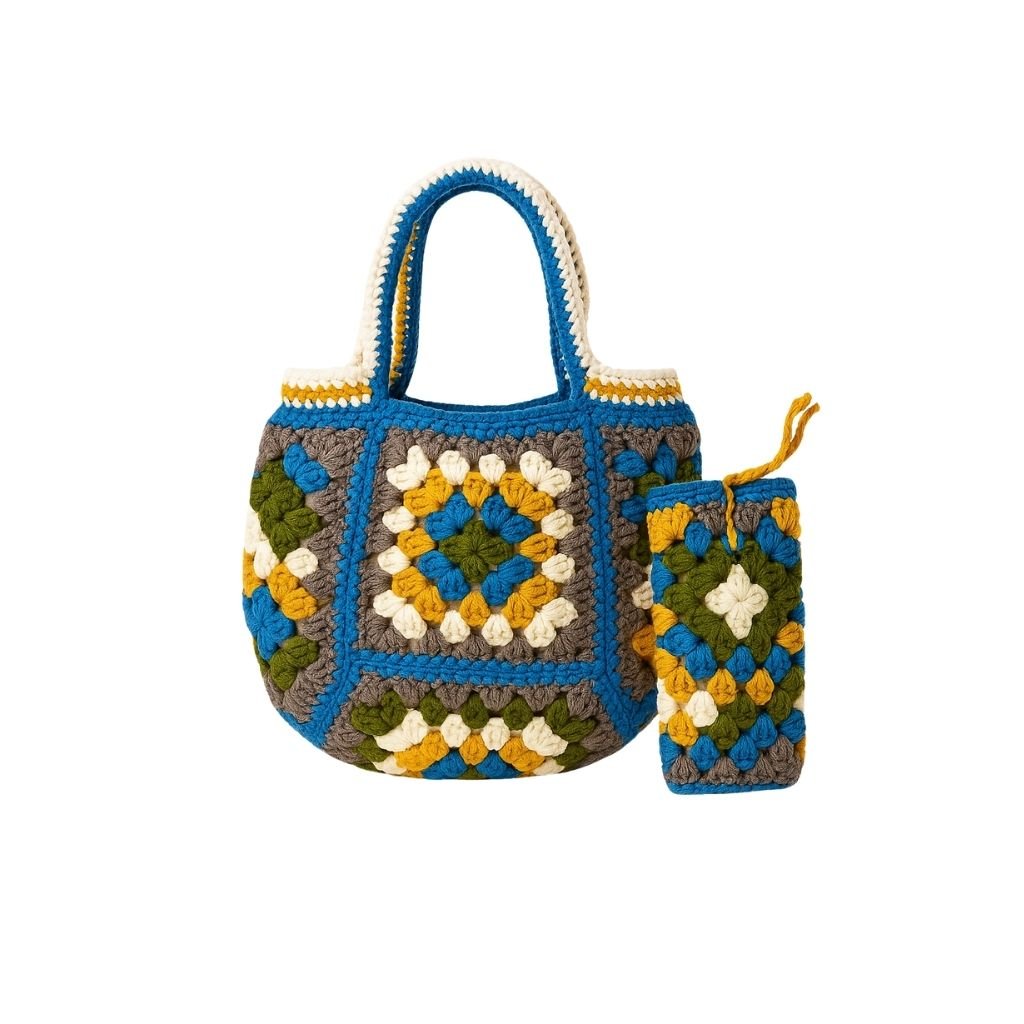 Crocheted handbag with geometric pattern with sunglasses pouch 