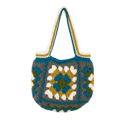 Crocheted bag with a colorful geometric pattern with a colorful straps 