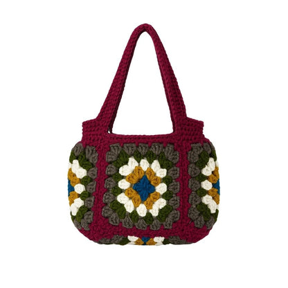 Crocheted bag with a square pattern with Wine Red straps