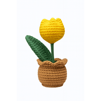 Crocheted yellow tulip in a brown pot 
