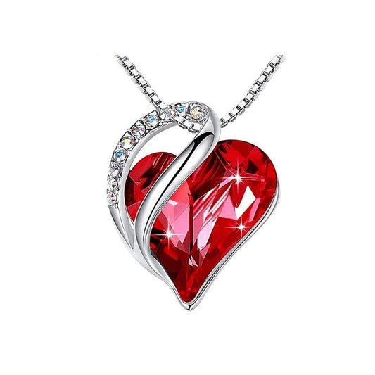 A heart-shaped pendant necklace with a Red crystal pendant surrounded by smaller clear crystals.
