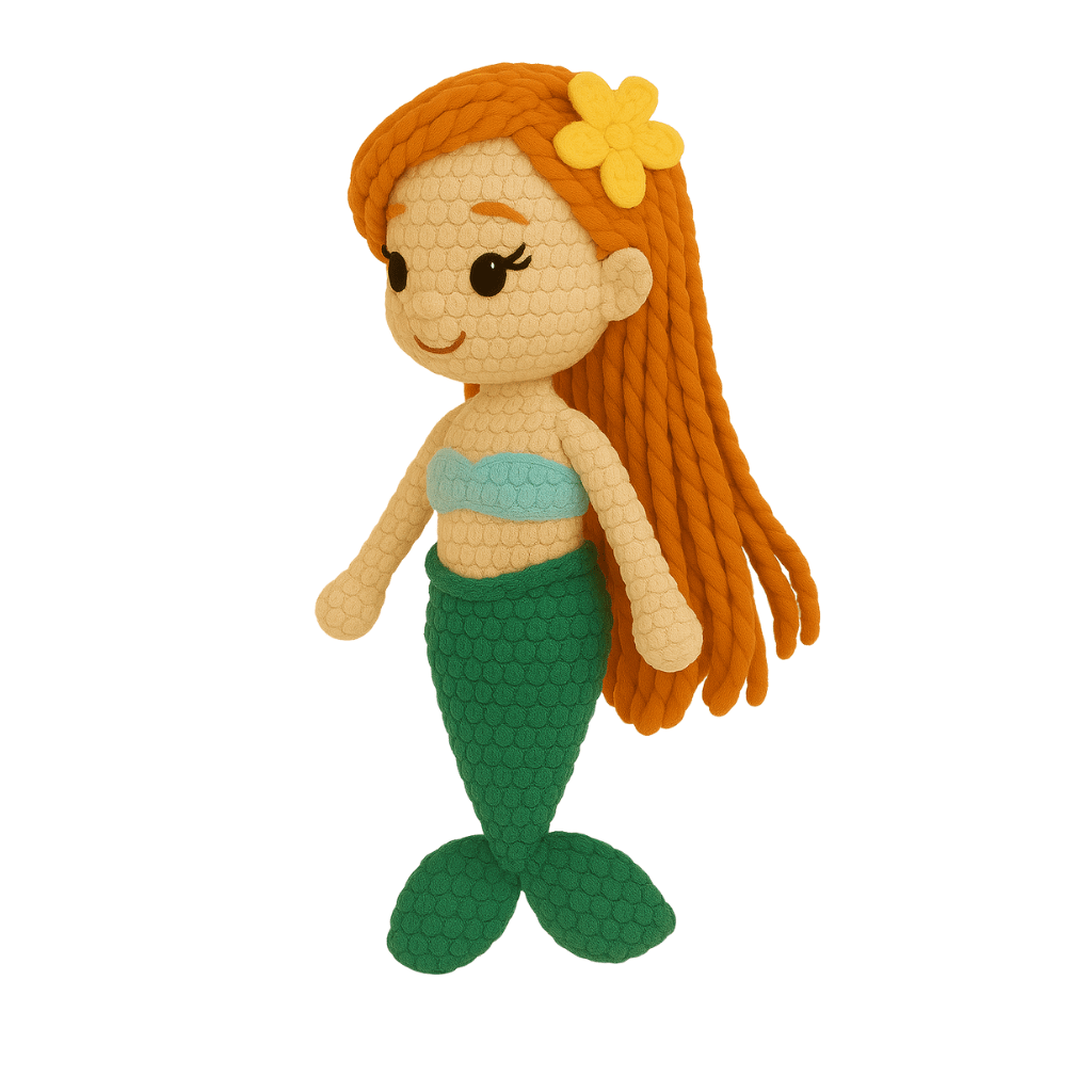 Handmade crochet doll, a mermaid with Red hair, a green tail, and a yellow flower on her head.
