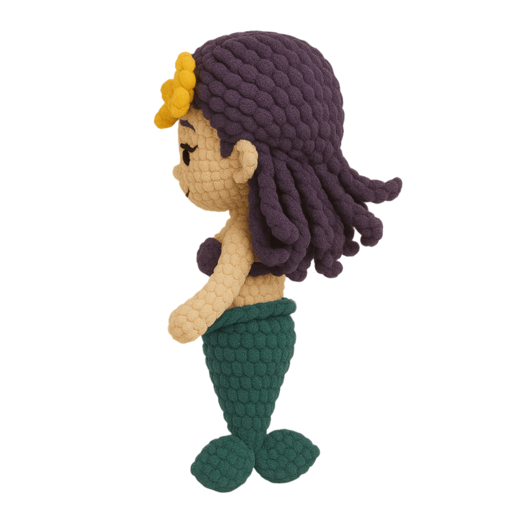 Handmade crochet doll, a mermaid with purple hair, a green tail, and a yellow flower on her head